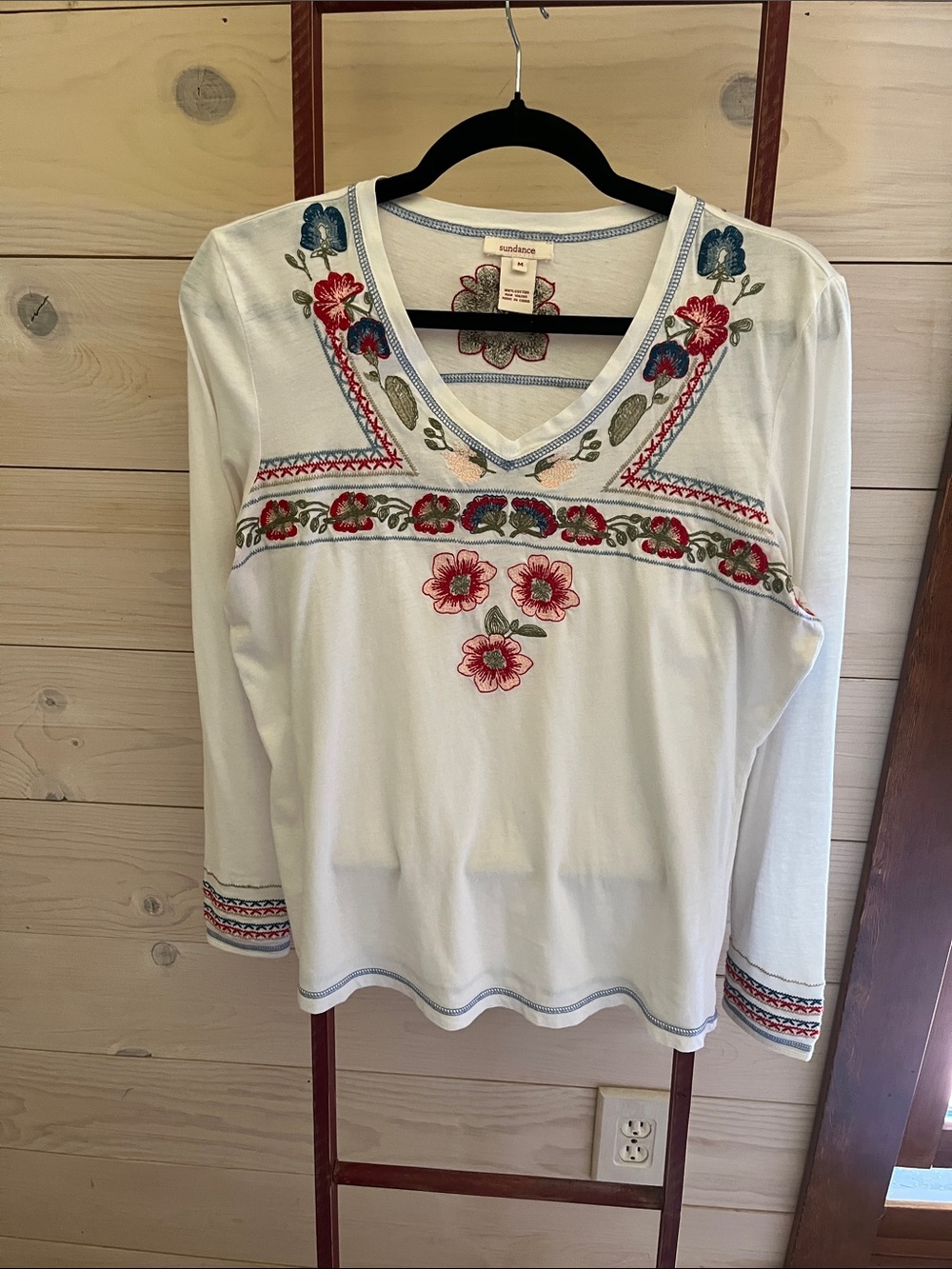Sundance Ivory Long-Sleeve V-Neck Top with Floral Embroidery